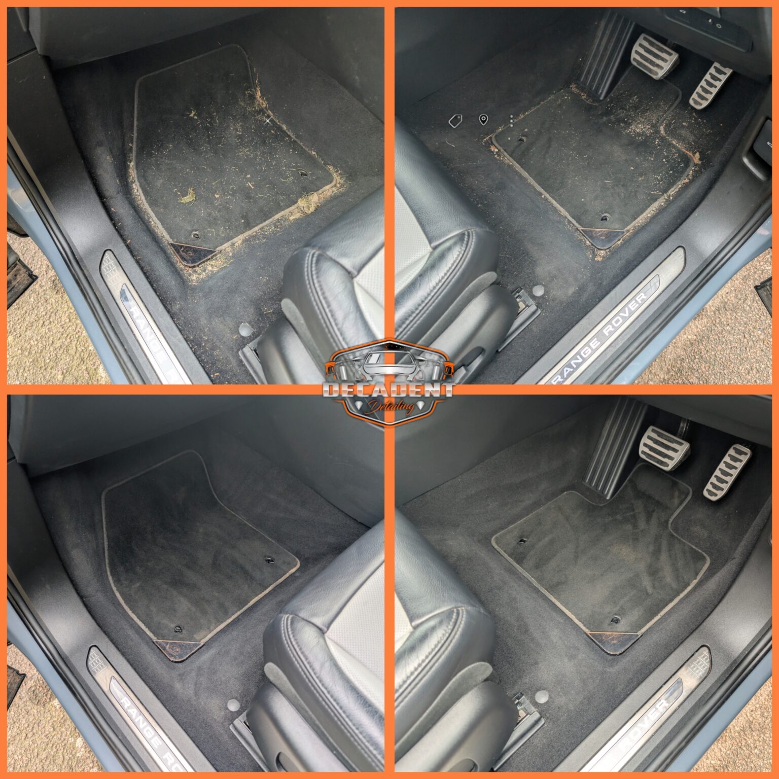 Close-up of Range Rover interior during deep clean in Thrapston—highlighting transformation and fresh finish.