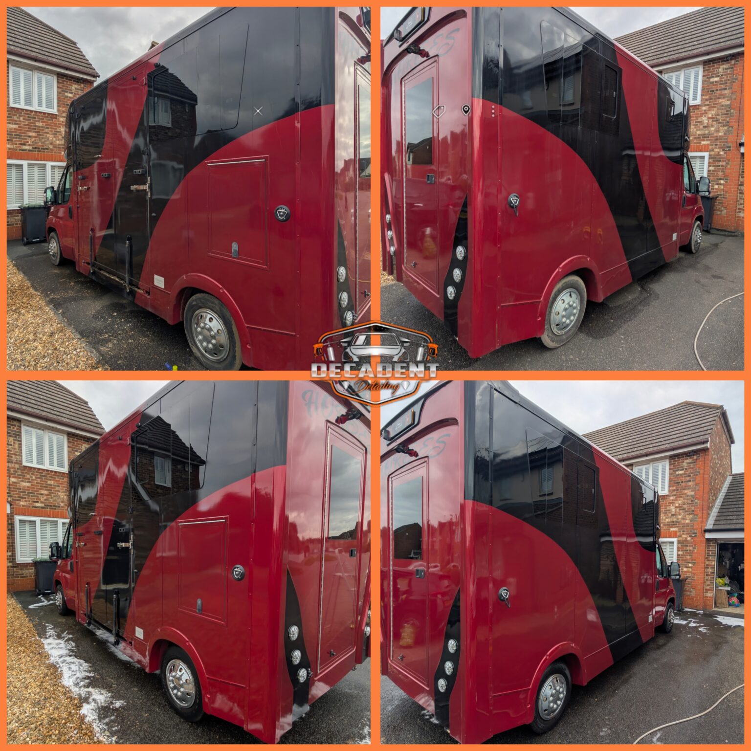 Horse box receiving exterior machine polish in Rushden—showcasing swirl removal and gloss restoration.