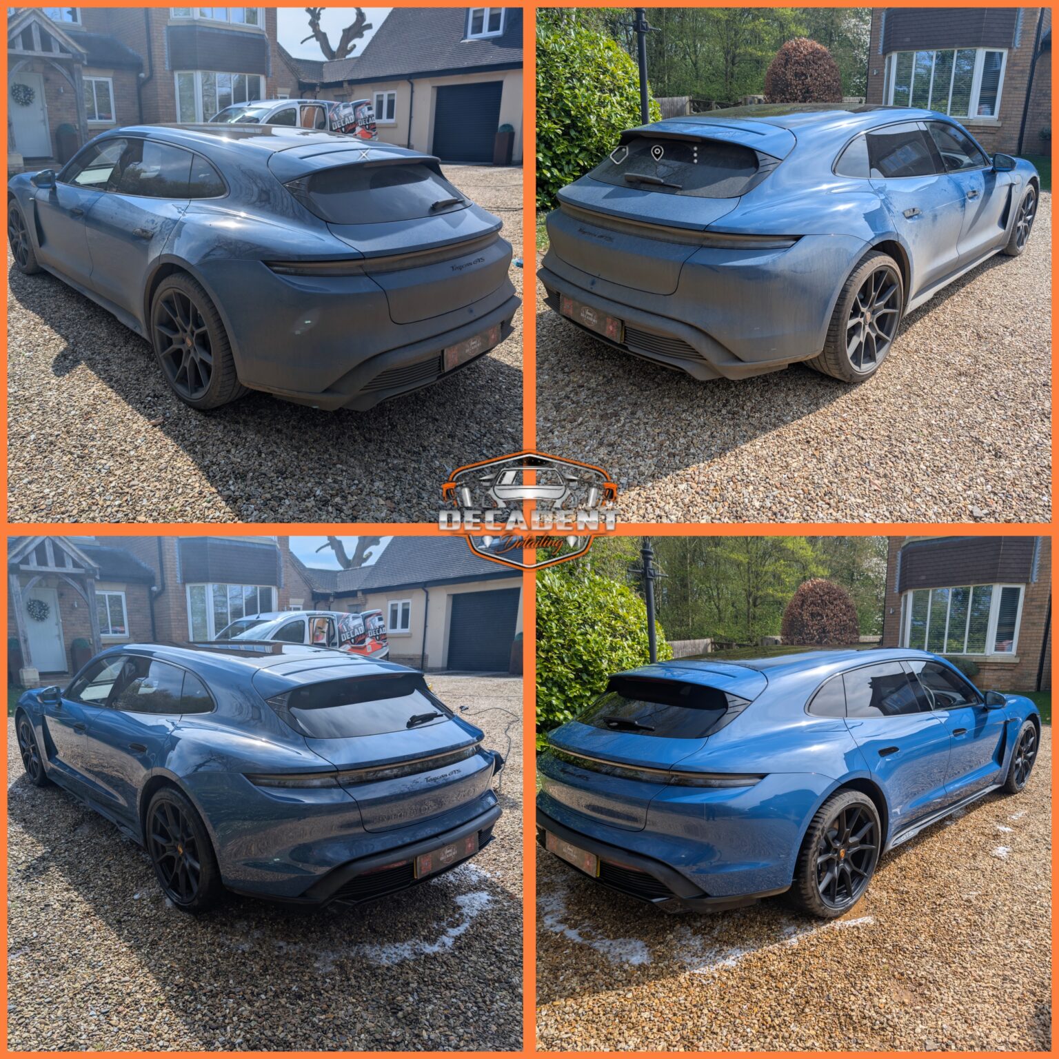 Decadent Detailing transforms Porsche Taycan GTS exterior in Raunds —road grime removed, gloss restored, and protection applied.